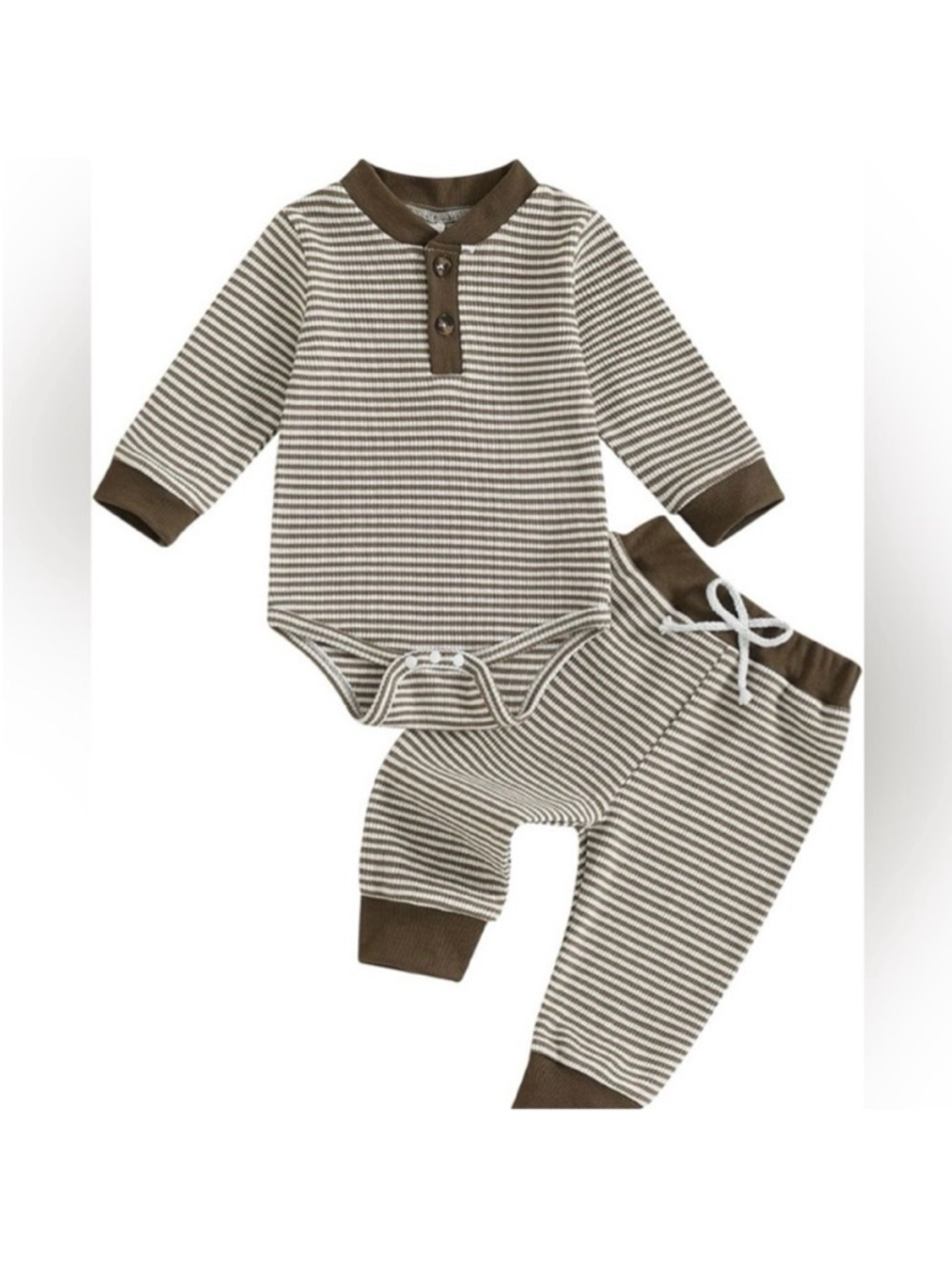 💜 Striped Khaki Baby boy Two-Piece waffle set - 3/6mth